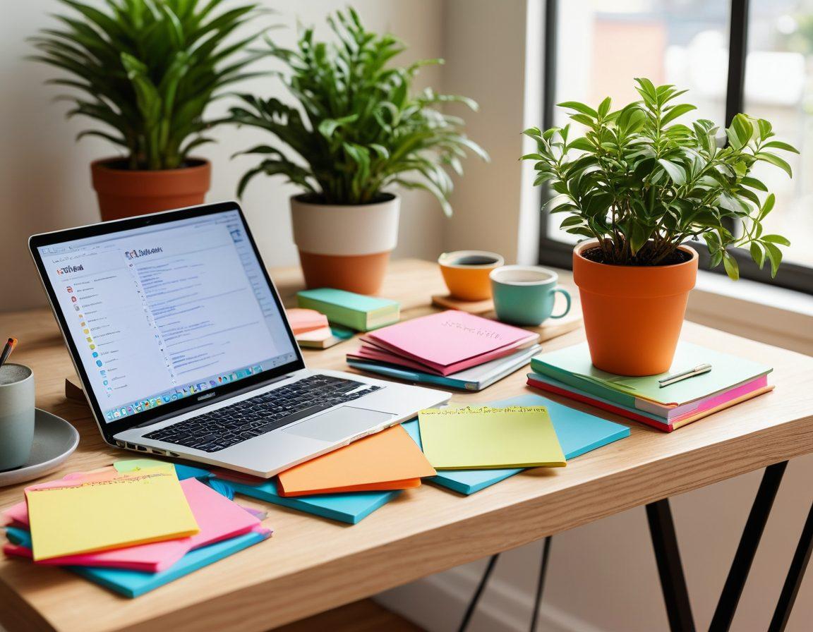 A dynamic desk scene featuring an open notebook with vibrant handwritten notes, a sleek laptop showing a captivating article draft, and colorful sticky notes with motivational quotes. Surround this with a steaming cup of coffee and a cheerful potted plant. The background should exude an inspiring atmosphere, evoking creativity and productivity. super-realistic. vibrant colors. soft focus.