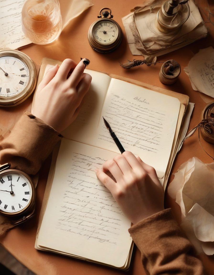An open notebook with a quill pen resting on its pages, surrounded by crumpled papers symbolizing editing and refinement. In the background, a clock with hands emphasizing time management and brevity. Soft warm light illuminating the scene, inviting readers to reflect on their writing. warm colors, soft focus, artistic flair.