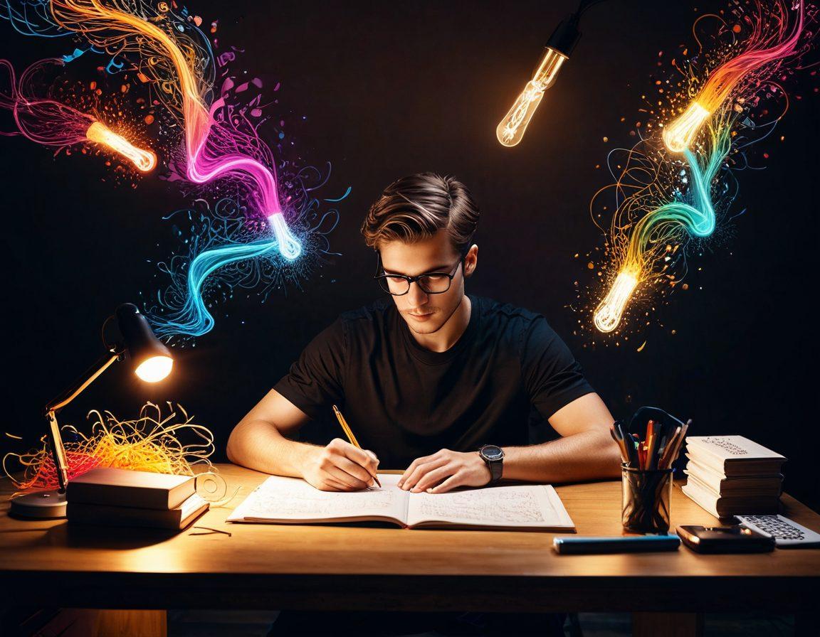 A visual representation of a creative writer at a desk, surrounded by swirling ideas transforming into vibrant words and shapes. Include a notepad, a computer screen displaying engaging content, and floating lightbulbs symbolizing inspiration. Bright colors should evoke creativity and energy, with a background filled with abstract patterns that suggest flow and expression. super-realistic. vibrant colors. dynamic composition.